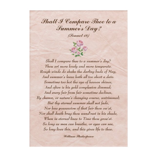 Pink Roses, William Shakespeare Love Poem Acrylic Print (Front)