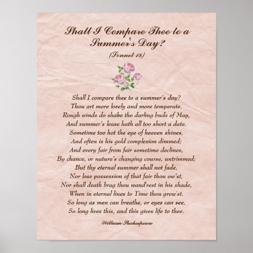 Pink Roses William Shakespeare Love Poem Poster