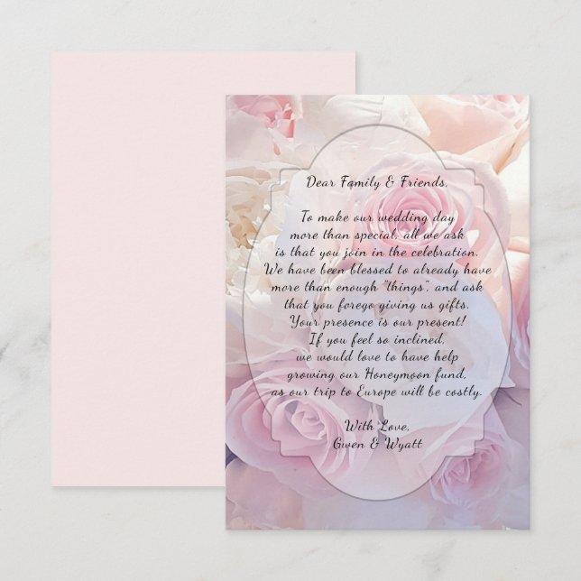Pink Roses Wishing Well Wording Wedding Cards (Front/Back)
