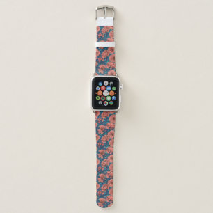 Pink roses with blue leaves on blue apple watch band