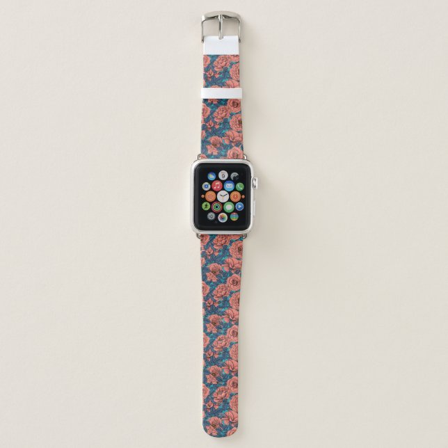 Pink roses with blue leaves on blue apple watch band (Front)
