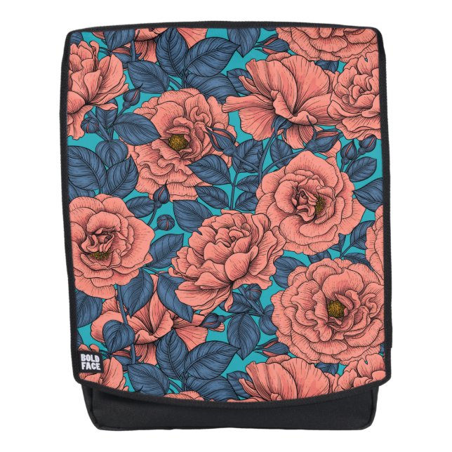 Pink roses with blue leaves on blue backpack (Front)