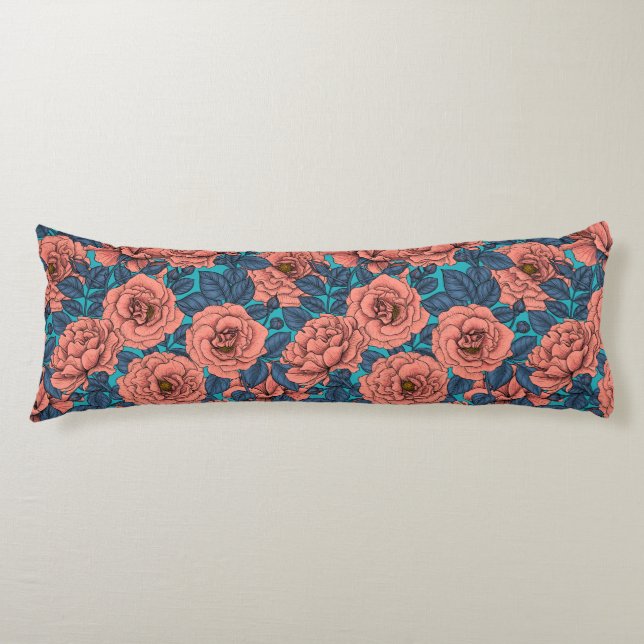 Pink roses with blue leaves on blue body pillow (Front)