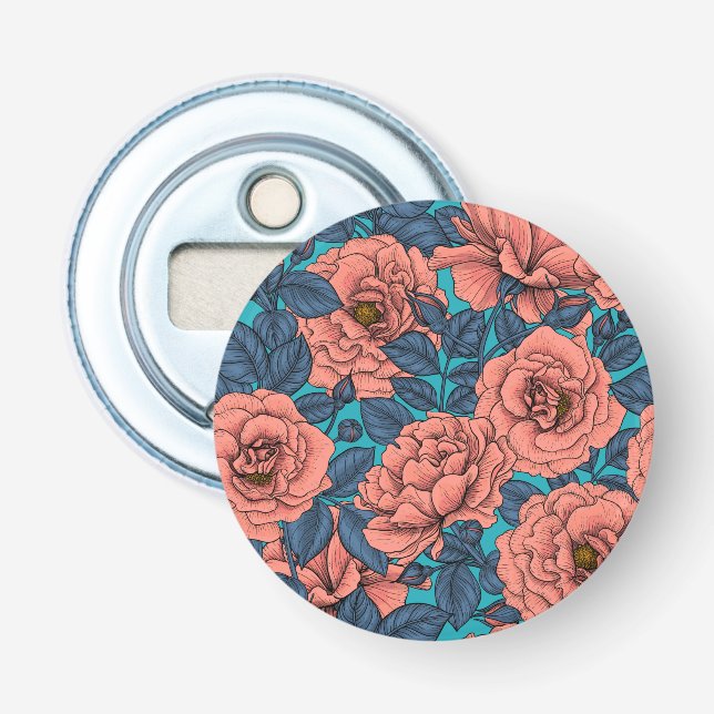 Pink roses with blue leaves on blue bottle opener (Front)