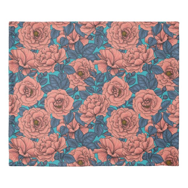 Pink roses with blue leaves on blue duvet cover (Front)