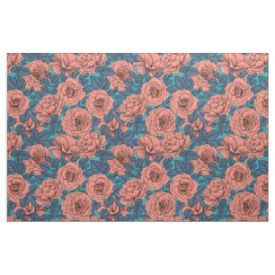 Pink roses with blue leaves on blue fabric