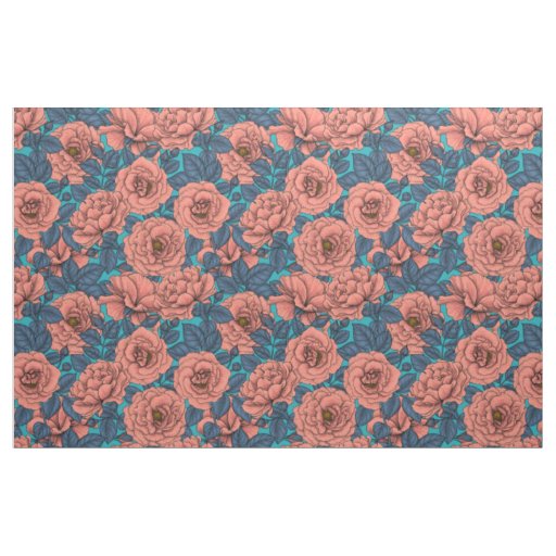 Pink roses with blue leaves on blue fabric