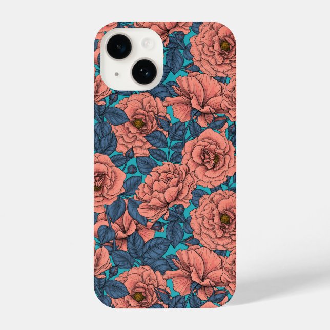 Pink roses with blue leaves on blue iPhone case (Back)