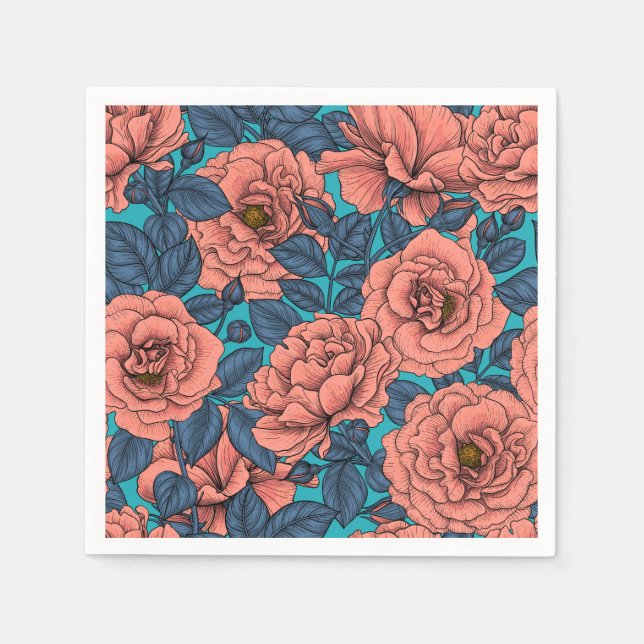 Pink roses with blue leaves on blue napkins (Front)