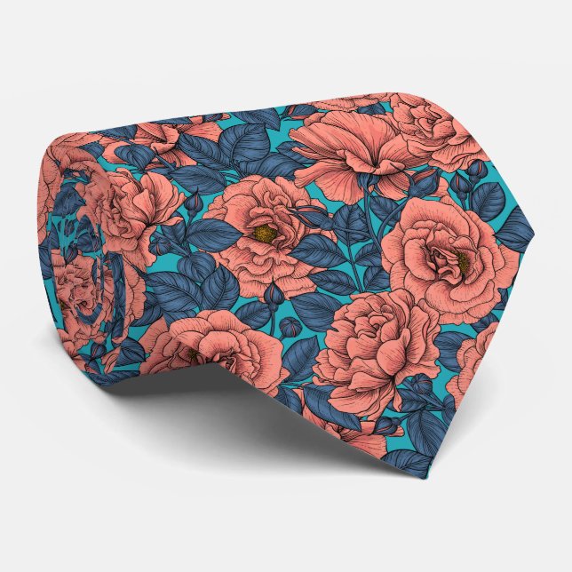 Pink roses with blue leaves on blue neck tie (Rolled)