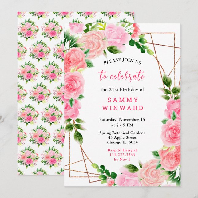 Pink Roses with Foliage Birthday Invitation (Front/Back)