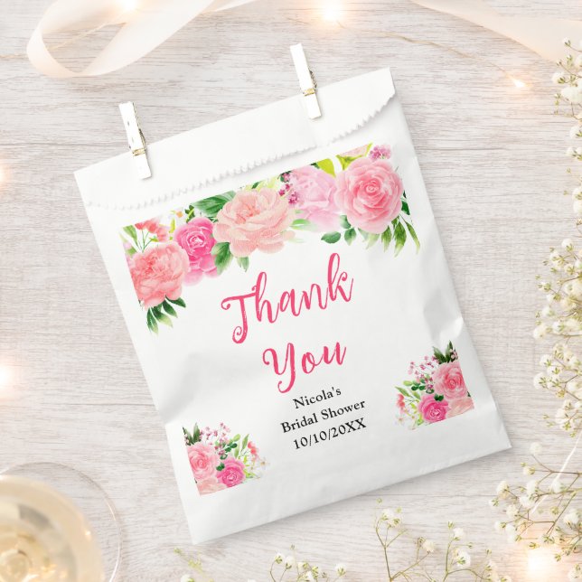 Pink Roses with Foliage Bridal Shower Favor Bag (Clipped)