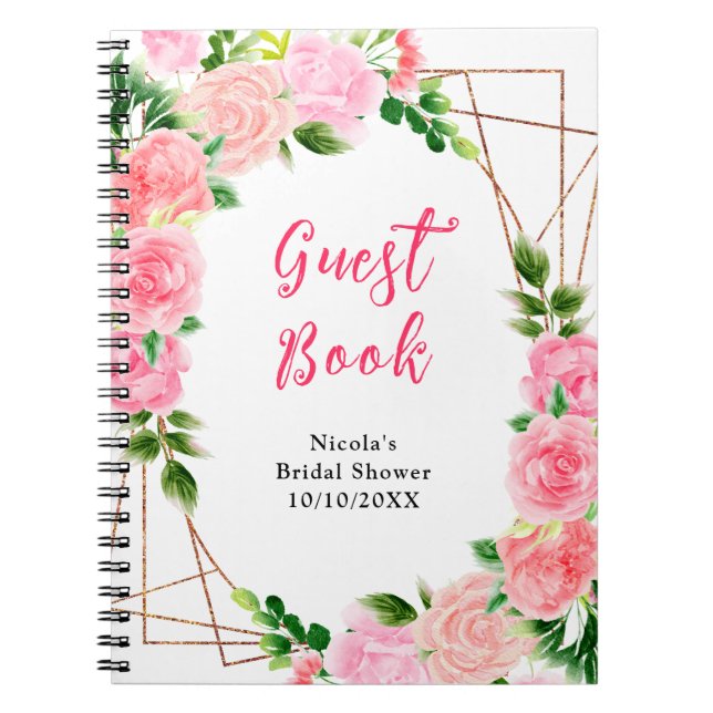 Pink Roses with Foliage Bridal Shower Guest Book (Front)