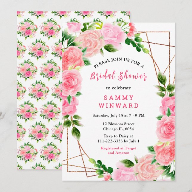 Pink Roses with Foliage Bridal Shower Invitation (Front/Back)