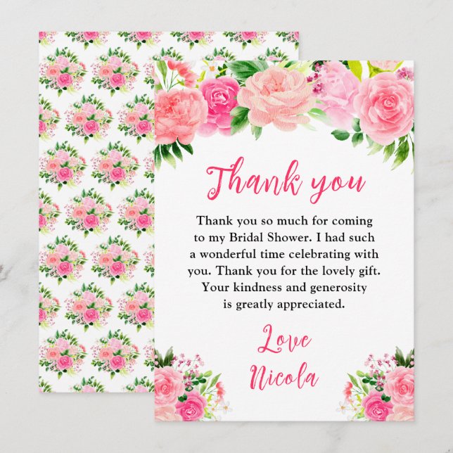 Pink Roses with Foliage Bridal Shower Thank You Card (Front/Back)