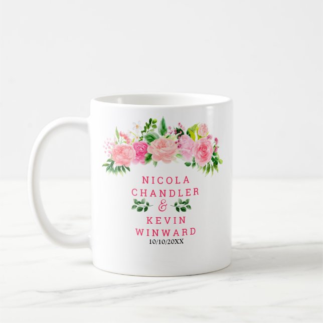 Pink Roses with Foliage Wedding Coffee Mug (Left)