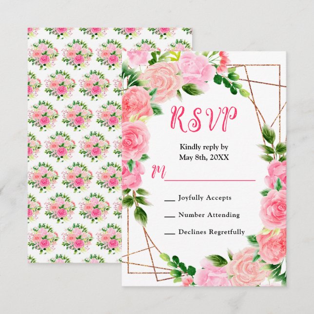 Pink Roses with Foliage Wedding RSVP Card (Front/Back)