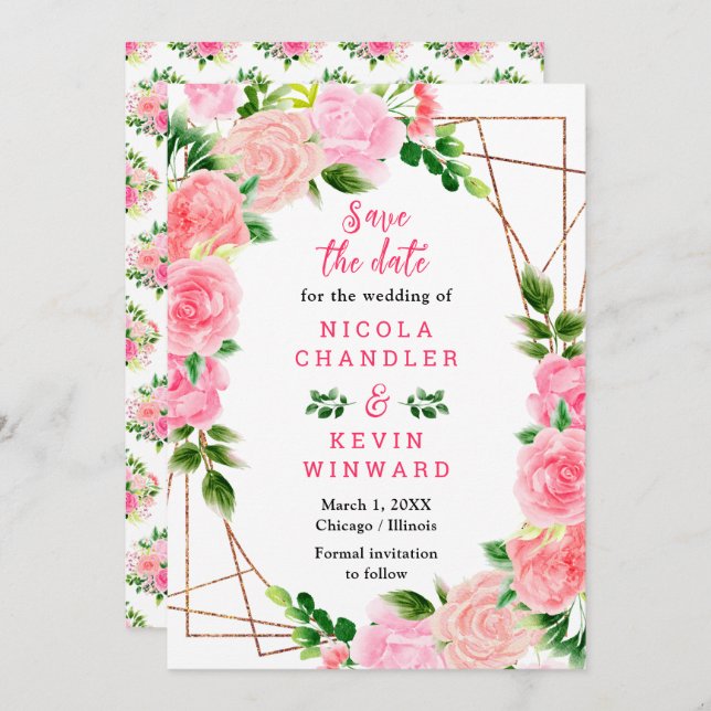 Pink Roses with Foliage Wedding Save The Date (Front/Back)