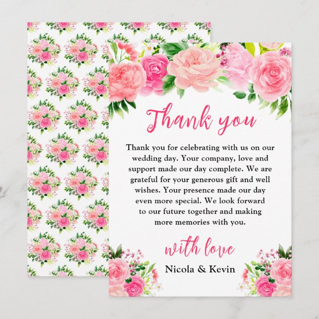 Pink Roses with Foliage Wedding Thank You Card (Front/Back)