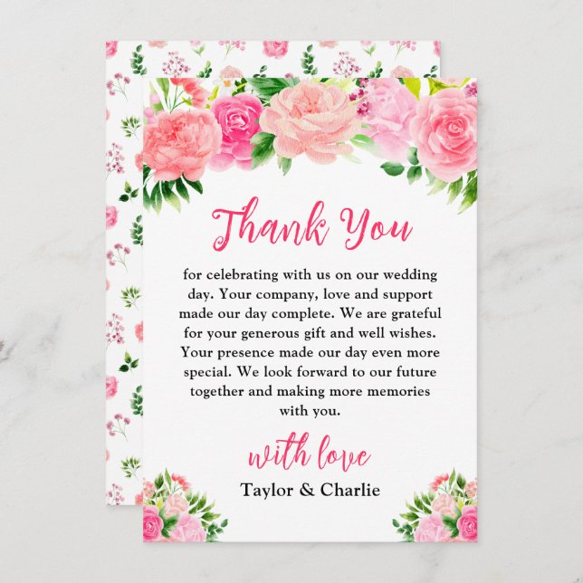 Pink Roses with Foliage Wedding Thank You Card (Front/Back)