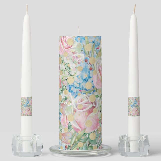 Pink Roses With Gold Circles Unity Candle Set (Front)