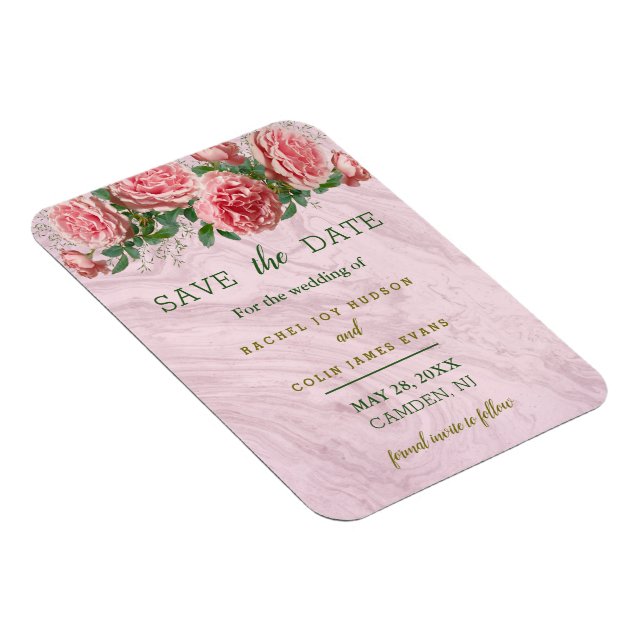 Pink Roses with Greenery Save the Date Invitation Magnet (Right Side)