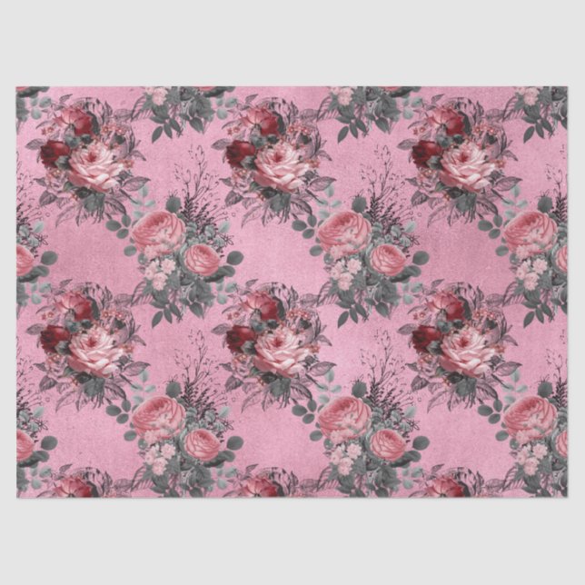 Pink Roses with Grey Leaves on Pink Decoupage Tissue Paper (Front)