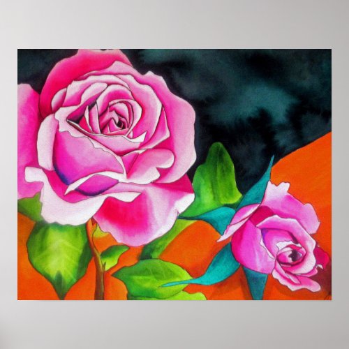 Pink Roses with orange contemporary watercolor art Poster
