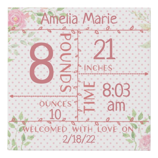 Pink Roses with Pink Polka Dot Birth Stat Faux Canvas Print (Front)