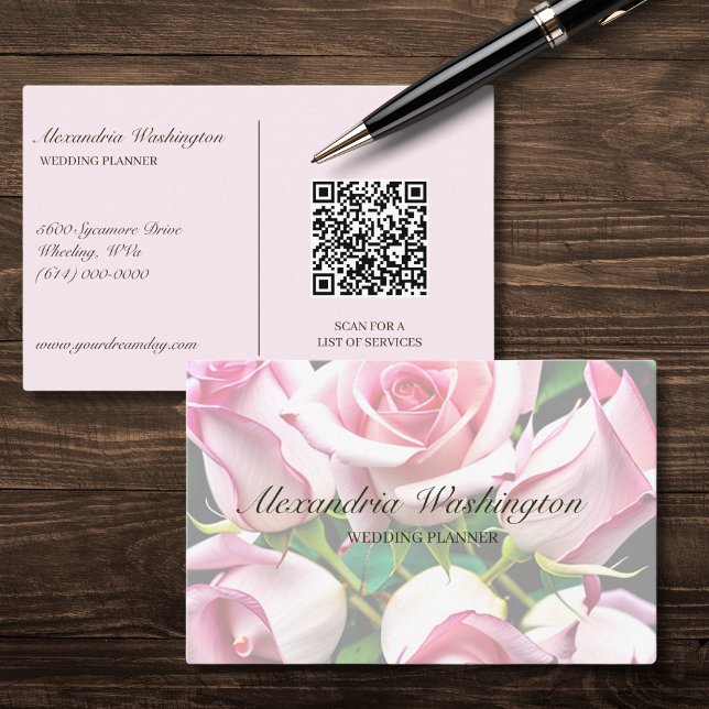 Pink Roses with QR Code  Business Card (Creator Uploaded)