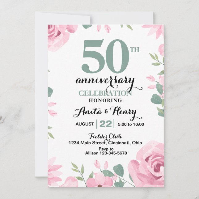Pink roses with sage green text anniversary invitation (Front)