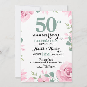 Pink roses with sage green text anniversary invitation