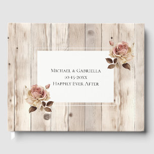 Pink Roses Wood Cream White Wedding Guest Book