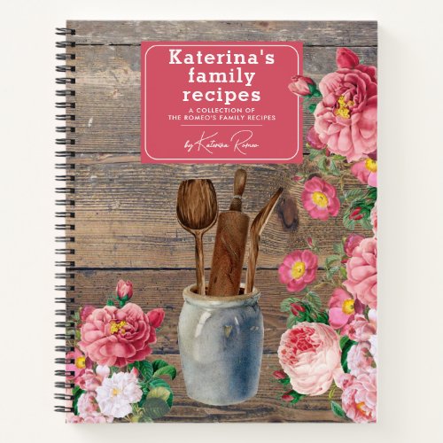 Pink Roses Wood Kitchen Utensils Family Recipe Notebook