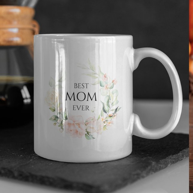 Pink roses wreath-Best Mom ever black typography Coffee Mug (Creator Uploaded)