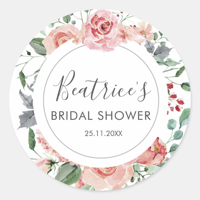 Pink Roses Wreath Bridal Shower Thank You Favor Classic Round Sticker (Front)