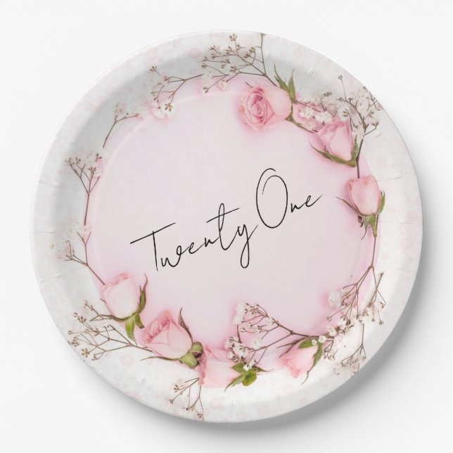 Pink Roses Wreath Chic 21st Birthday Party Paper Plates (Front)