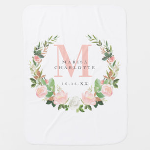 Pink Roses Wreath Monogram Baby Blanket