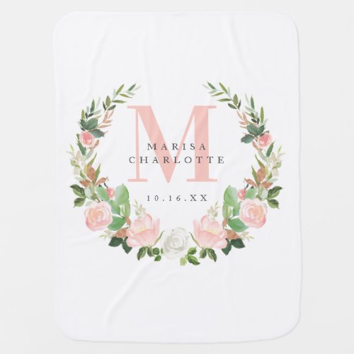 Pink Roses Wreath Monogram Baby Blanket