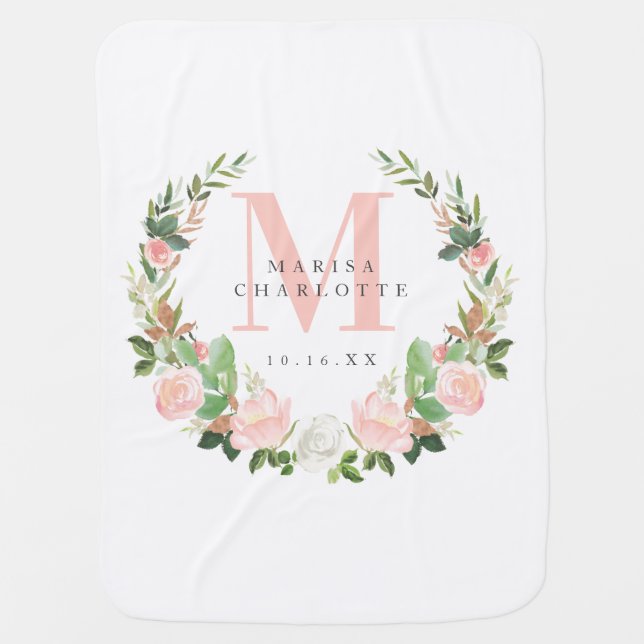 Pink Roses Wreath Monogram Baby Blanket (Front)