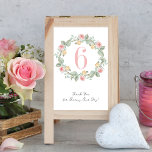 Pink Roses Wreath Wedding Table Number<br><div class="desc">Embrace the romantic atmosphere of summer with a design that embodies the warmth of the season. A wedding table number card showcasing a greenery wreath with yellow and pink watercolor roses. The phrase, Thank You for Sharing Our Day, is in a script font along the bottom of the card. The...</div>