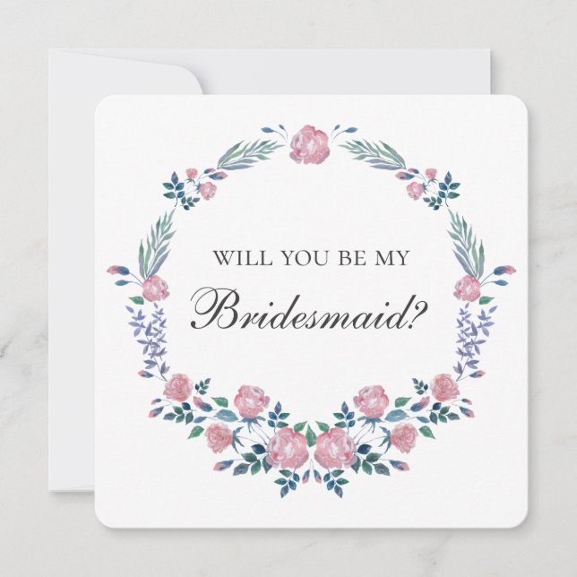 Pink roses wreath. Will you be my bridesmaid Invitation (Front)