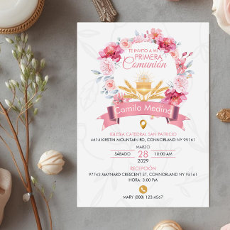 Pink Roses Wreath with Chalice First Communion Invitation