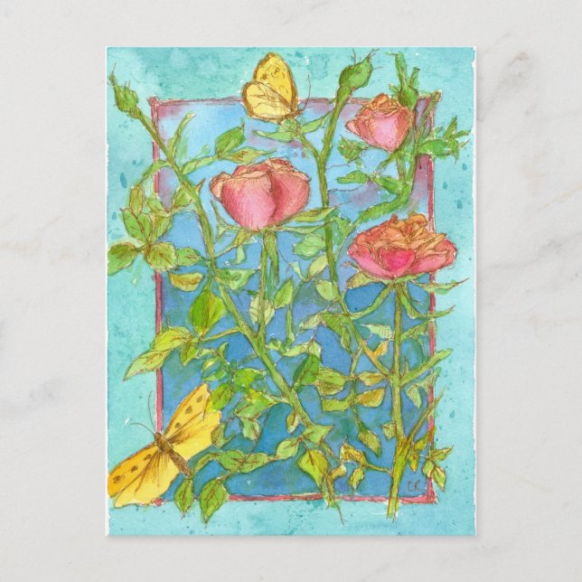 Pink Roses Yellow Butterfly Garden Watercolor Art Postcard (Front)