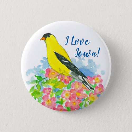 Pink Roses Yellow Goldfinch Bird Watercolor Pinback Button