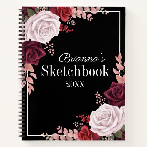 Pink Roses Your Name Black Sketchbook Notebook
