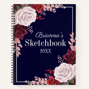 Pink Roses Your Name Navy Blue Sketchbook Notebook