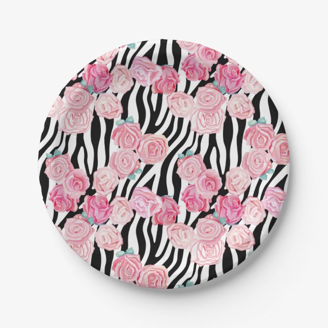 Pink Roses & Zebra Print Paper Plates (Front)
