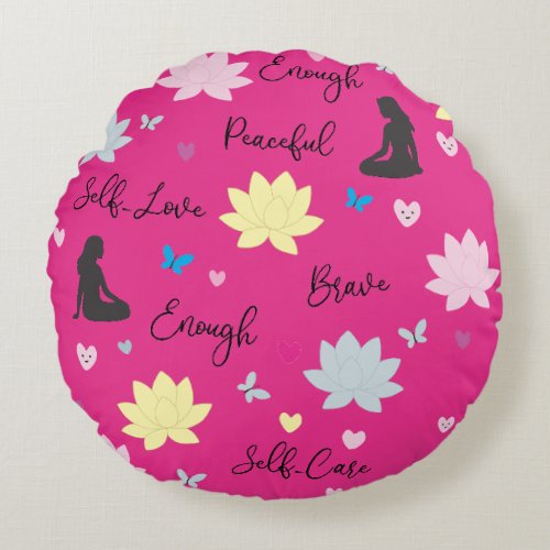 Pink Round Cushion | Flowers & Self-care Words