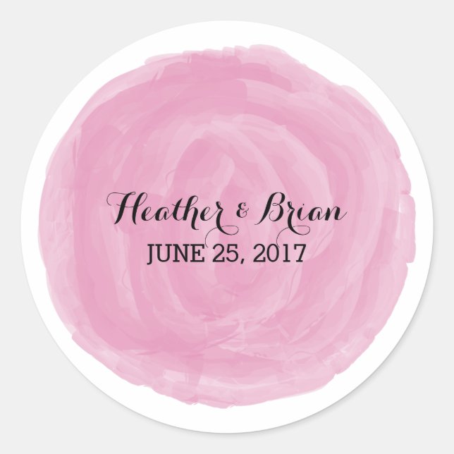 Pink Round Watercolor Wedding Stickers (Front)
